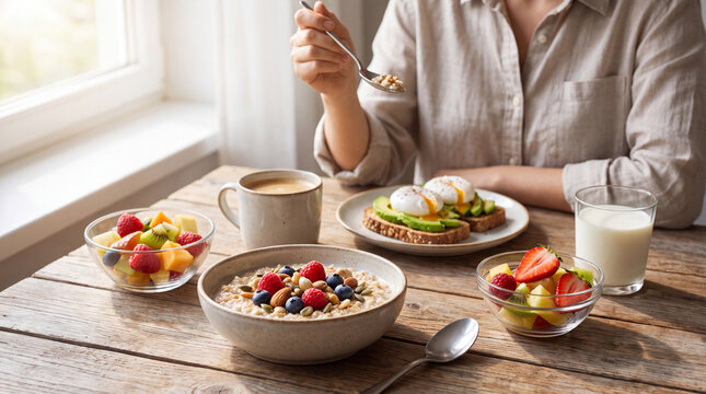 A balanced Better Breakfast Month breakfast with oatmeal, whole grain toast, eggs, fruits, coffee and milk creates a cheerful morning mood for promotional posters