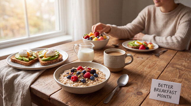 Soft window light falls on a healthy Better Breakfast Month spread of oatmeal, toast, eggs, fruits, coffee and milk arranged on a wooden table for campaign visuals