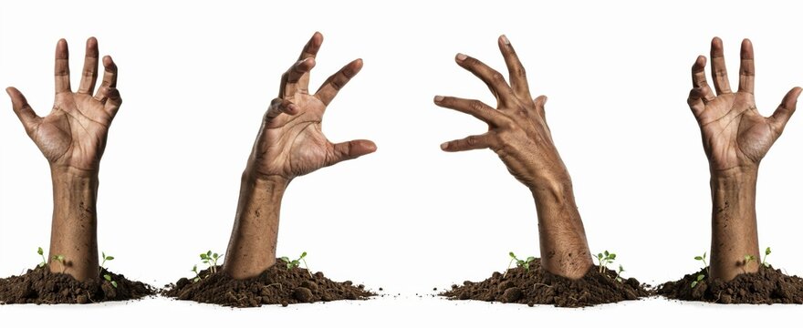 Zombie hands emerging from the ground isolated on white background