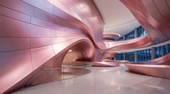 Contemporary architectural interior with flowing organic shapes and metallic sheen