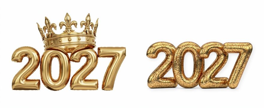 Golden 3d numbers 2027 with a crown isolated on white background