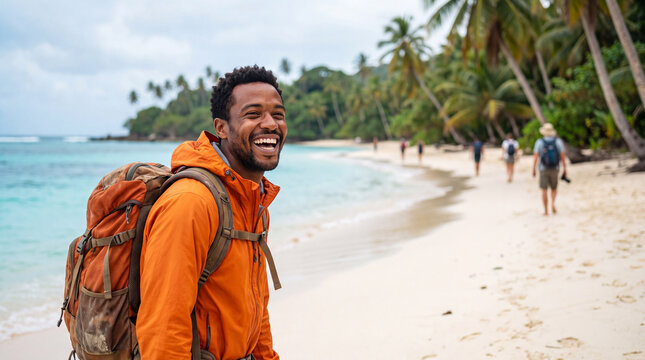 World Tourism Day highlights a cheerful backpacker relaxing on a tropical beach for vacation marketing materials