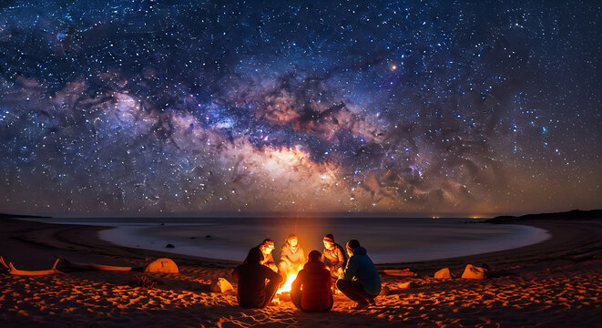 Campfire Friends Stargazing on Beach Under Milky Way Galaxy