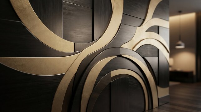 Modern abstract decorative wall panel with gold and dark wood texture