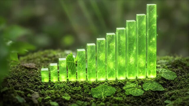Green Growth Bar Chart for Sustainability Business Finance Ecology Environment Nature, Renewable Energy Eco Finance Analytics with Forest Floor Moss Leaf, Sustainable Strategy and Environmental
