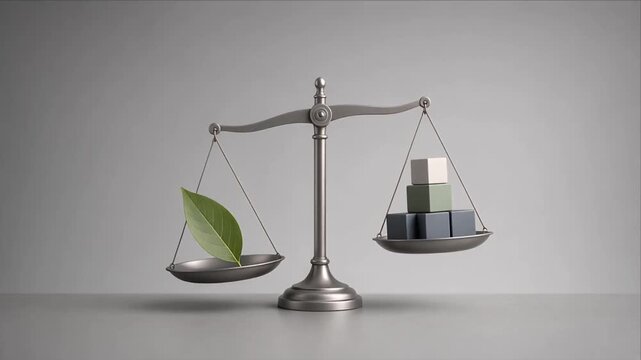 Sustainability business balance scale with green leaf building block grey background, ethics responsibility environment corporate strategy decision concept vdo featuring stacked block and cube metal