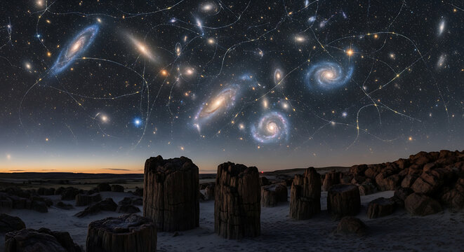 Galaxies Andromeda Space Night Sky over Petrified Forest Landscape