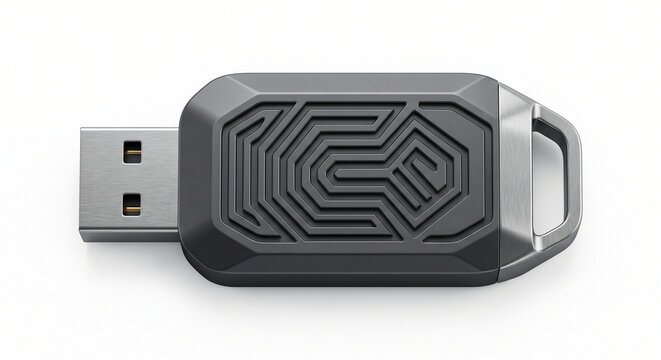 Rugged USB flash drive with geometric pattern, durable portable data storage device, secure matte grey memory stick for hardware encryption