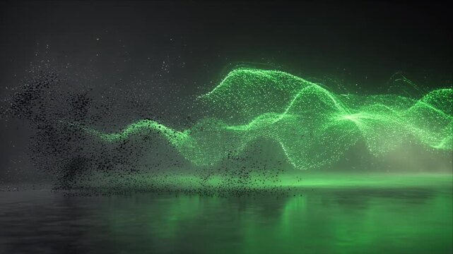 Green Wave Digital Particle Abstract Background Data Flow Technology Sustainability Business Innovation Energy Future Concept with Glowing Light, Reflective Surface and Black Dust Cloud Swarm
