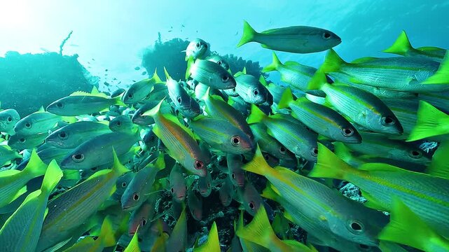 Super slow-motion immersion inside a dense school of yellowtail fusiliers, Caesio sp., swimming directly toward the camera above a Raja Ampat reef.