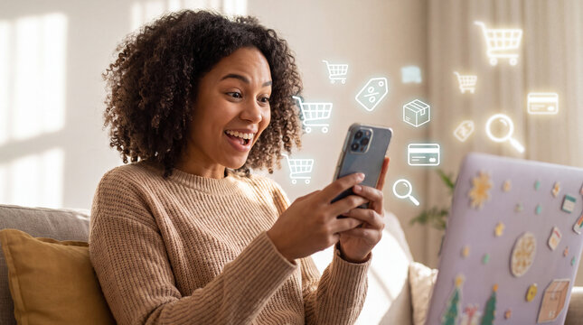 A surprised young mixed-race woman holds a smartphone and enjoys convenient Black Friday and Cyber Monday online shopping at home for ecommerce banners