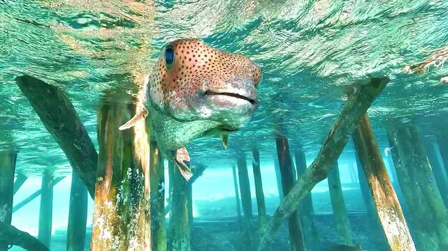 Low-angle close-up of a porcupinefish, Diodontidae, facing the camera just below the crystal-clear surface beneath a wooden jetty in Raja Ampat.