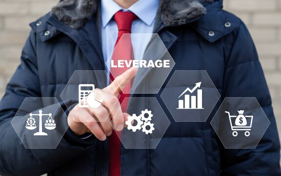 Businessman pressing leverage icon on screen