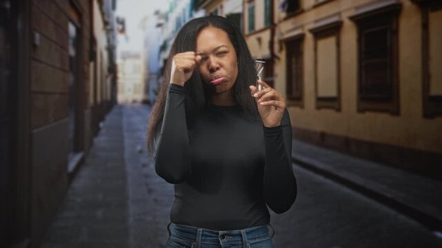 Woman rubbing eye with eyelash curler in a narrow european street, squinting and pouting while holding the curler near face; discomfort.