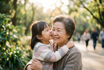 Fototapeta premium Little asian girl hugging and kissing her happy grandmother on the cheek in a sunny outdoor park