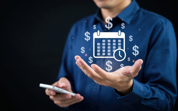 Businessman holding a calendar icon with dollar signs
