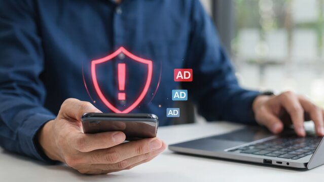 Cybersecurity warning with digital shield icon and ads