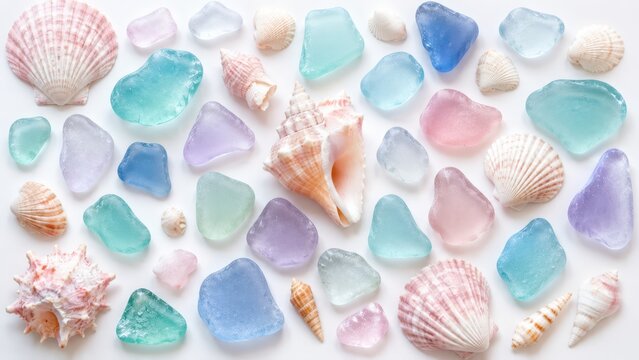 Beautiful pastel sea glass and seashells collection on white background