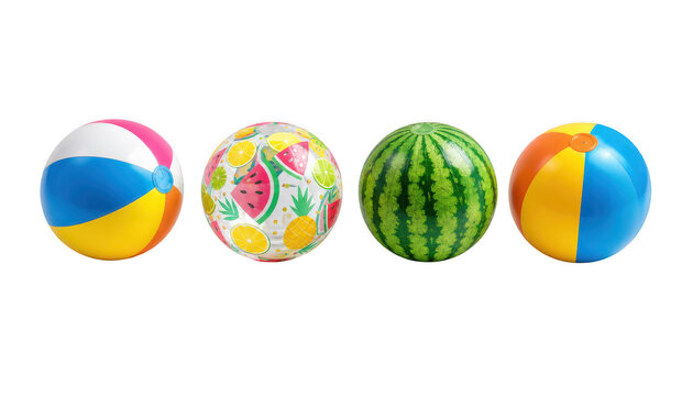 Inflatable beach balls set with classic striped, tropical fruit, and watermelon designs isolated on transparent background.