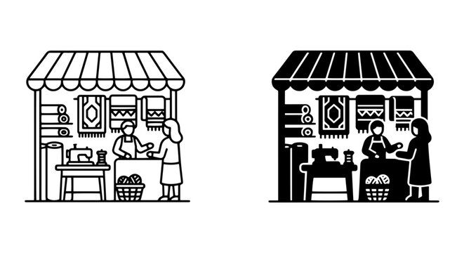 Textile Shop Stall, Fabric Merchant, Sewing Machine, Customer Interaction, Vector Icons