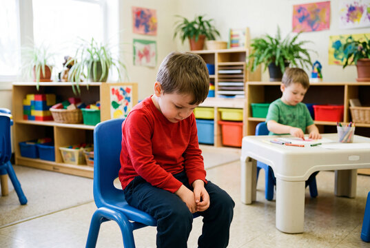 Young boy sitting alone on a blue chair looking sad and distressed in a colorful classroom