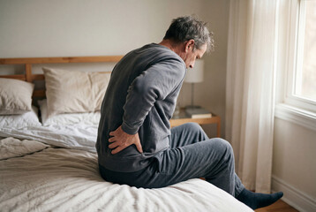 Fototapeta premium Mature man sitting on bed holding lower back while suffering from backache
