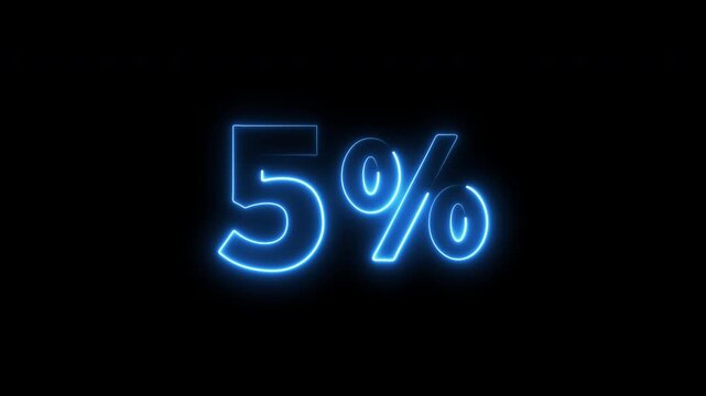 Glowing blue neon five percent symbol on a black background. 4K horizontal video.