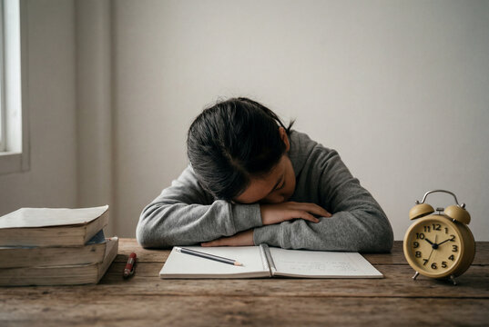 Exhausted student resting head on desk beside books and clock