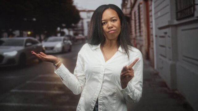 Woman in white shirt shows open palm with left hand and points index finger with right hand while standing on wet urban street with cars and building; uncertainty.