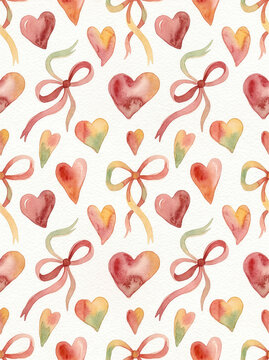 Valentine 142 Watercolor Colorful Hearts and Tied Bow Ribbons Seamless Pattern on White Paper Texture（白のアート紙テクスチャ背景に描かれた水彩のカラフルなハートと結びリボンのシームレスパターン）