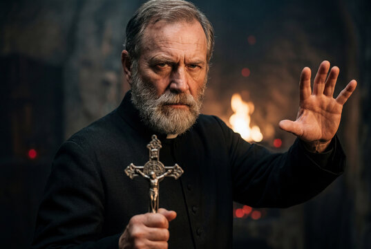 Serious elderly priest holding a silver crucifix in front of a fire
