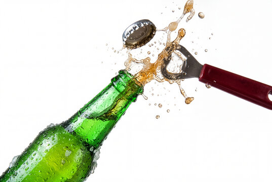 Metal bottle opener removing the cap from a splashing green bottle