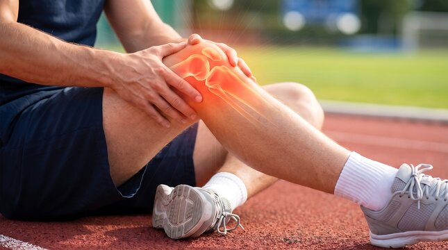Athlete holding painful knee with digital medical illustration overlay highlighting joint inflammation and injury during sports training inflammation soreness arthrosis arthritis treatment