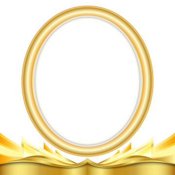 Luxury Gold Oval Frame with Golden Ribbon Isolated on White Background.