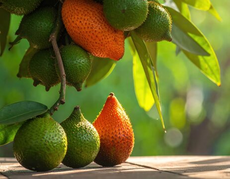 Clusters of green and orange gac fruits.