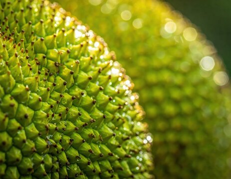Detailed close-up texture of green spiky jackfruit skin.