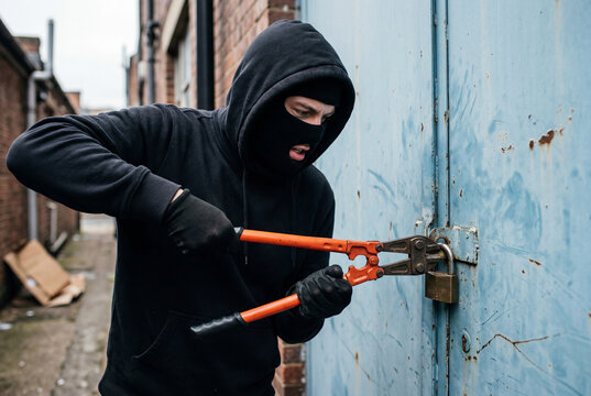 Masked thief using bolt cutters to break a padlock on a metal door