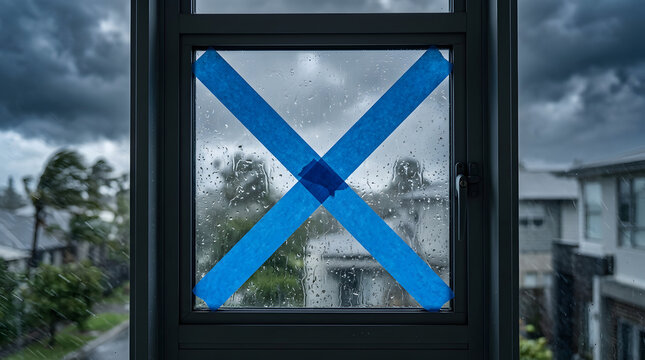 Close-up of masking tape applied in an X-shape on a window glass for typhoon safety