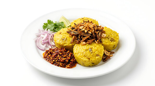 Authentic Burmese Laphet Htamin fermented tea leaf rice with fried garlic and peanuts, isolated on a white background