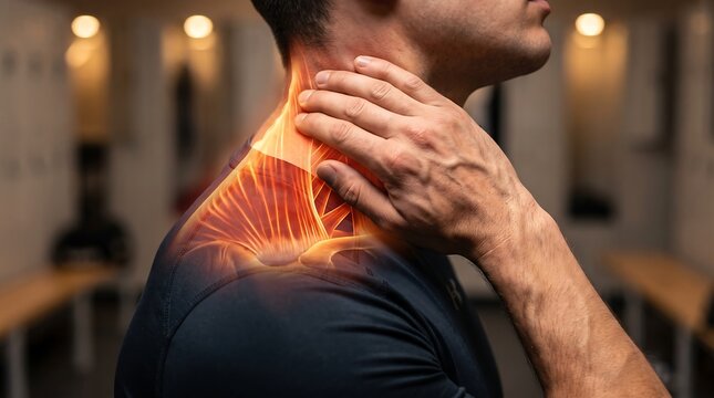 Medical illustration of shoulder muscle anatomy with pain highlighting for injury treatment and physical therapy assessment shoulder trapezius treatment physical physiotherapy soreness