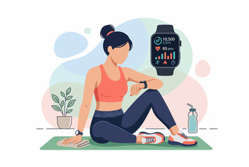 Obraz premium Young woman checking fitness data on smartwatch after a workout