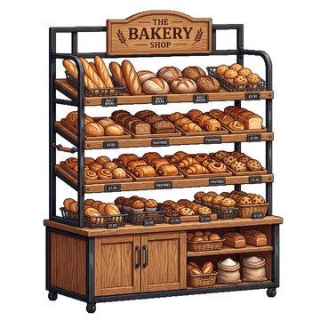 Bakery display rack with fresh bread and pastries on wooden shelves isolated on white