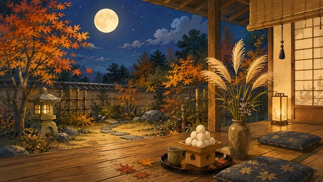 満月が輝く秋の夜空の下で縁側に飾られた月見団子とススキが情緒豊かな和風庭園の景色