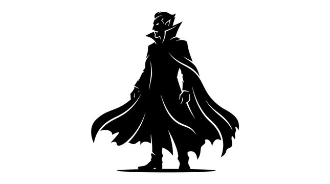 Halloween Vampire monster silhouette, Dracula figure in flowing cloak, black vector illustration, horror character, spooky Halloween symbol, bloodsucker design isolated on White Background vector