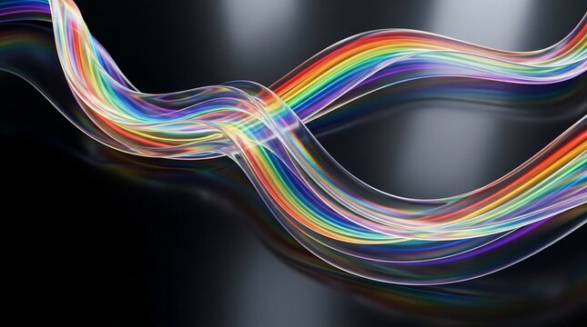 Abstract flowing rainbow light waves intersecting in dark space