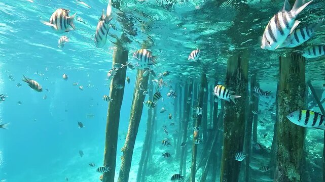 Indo-Pacific sergeant fish, Abudefduf vaigiensis, swim beneath a wooden jetty in clear blue tropical water in Raja Ampat, Indonesia.