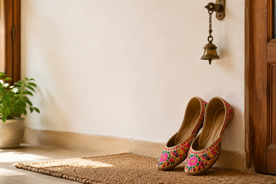 Colorful embroidered jutti shoes on jute mat with brass bell, entryway decor concept