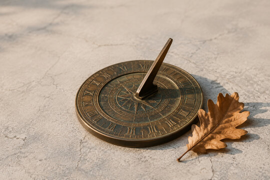 Antique bronze sundial with dried oak leaf on grey stone, time and history concept