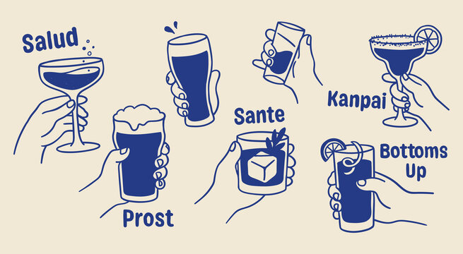 Blue line art of hands holding drinks with international cheers phrases like Salud and Prost.
