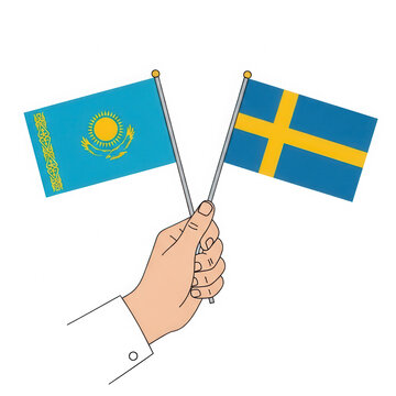 Hand holding national flags of kazakhstan and sweden together isolated on transparent background